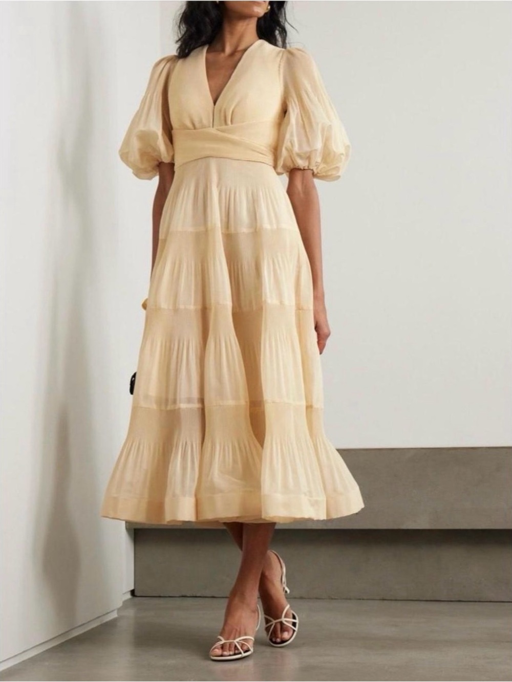 Zimmermann Soft Cream Tiered Midi Dress with Puff Sleeves